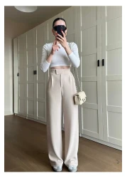 OYYOMODA بنطال بخصر عالي للغاية وسحاب وسروال Palazzo مطوي