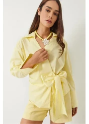 Bianco Lucci Women's Double Breasted Collar Side Tie Poplin Shirt 60283082