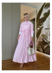 Aselim Hijap Moda Striped Poplin Fabric Skirt Shirt Stone Detailed Suit Pink
