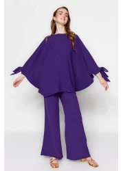  Modest Purple Bat Sleeve Woven Aerobin Tunic-Pants Set TCTSS23US00043