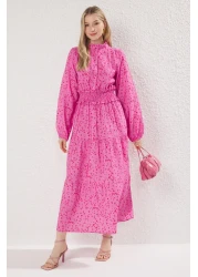  Modest Fuchsia Floral Patterned Gimped Woven Dress Tctss25Eb00087