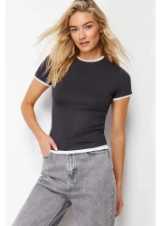  Collection Anthracite Viscose/Soft Fabric Color Block Body-Fitting Flexible Knitted T-Shirt TWOSS24TS00063