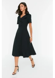 Collection Black Button Detailed Skater/Belt Opening Midi Woven Dress TWOSS22EL1185