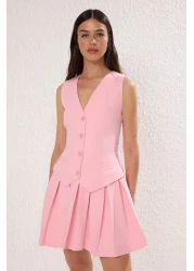  Collection Pink Plain Pleated Short / Mini Woven Dress Twoss25El00866