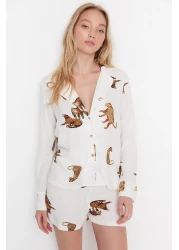  Collection Ecru Tiger Pattern Viscose Shirt-Shorts Woven Pajamas Set THMAW21PT0340
