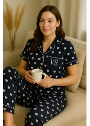FENZO Women's Navy Blue Hearted Cotton Viscose Pajamas Set Short Sleeve Top Long Pajamas Bottom Comfortable Homewear