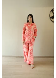 LINELLE Ladies Co-ord Pant Set- Pink Printed Pant and Shirt with Long Sleeves