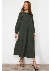  Modest Khaki Gather Detailed Cotton Wide Fit Woven Dress TCTSS21EL3406