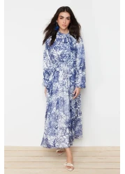  Modest Blue Floral Patterned Lined Long Chiffon Evening Dress TCTSS24EB00040