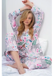 Trend Alaçatı Stili طقم بيجامة نسائي طويل من الساتان مطبوع رقميًا ومزين بتفاصيل باودر PJM-X13913