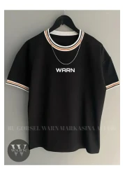 warn Unisex Oversize Pattern Printed Collar Sleeve Rib Detail T-Shirt Summer Black White