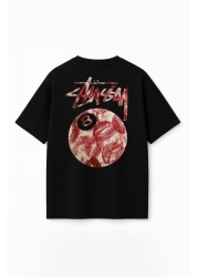 THE RULE تي شيرت Stüssy Kiss للجنسين مطبوع كبير الحجم 100% قطن بقصة واسعة وملمس أسود برقبة دائرية RF0512