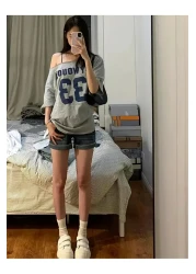 Machetta Women's Boat Neck Oywouos Printed Oversize 100% Cotton T-Shirt