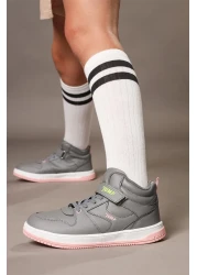 Jump 27758 Velcro High Top Gray - Salmon Pink Girl's Sneaker Casual Sneakers