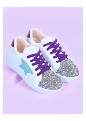 MECH BUTİK Girl's White Sneakers Green Starry Silver Sequin Colorful Lace-Up Sneakers