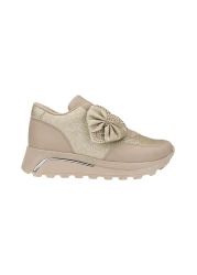 Nstil Beige Girl's Sneaker - Velcro, Glitter and Thick High Stone Bow Detail 143