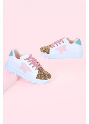 MECH BUTİK Girls' White Sports Shoes Pink Starry Gold Color Sequin Colorful Lace-Up Sneakers