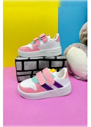 Nstil Unisex Children's Sports Shoes - White, Pink, Velcro, Double Stripe, Comfortable and Lightweight Zl001