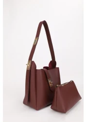 NOTHING Women's Burgundy Gold Lock Detailed Accessory Adjustable Lock Strap Handbag and Shoulder Bag