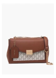 Paprika Paprika Monogram Print Crossbody Bag with Chain Strap and Flap Closure