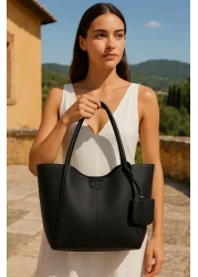 bakacstore Rosso Collina Black Faux Leather Women's Hand and Shoulder Bag - Makeup Bag with Wallet, L:25 W:38 W:15 cm