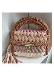 CHQEL Women's Brown Beige Cream Tone Pistachio Model Handmade Crochet Combed Cotton Thread Bag & Hand, Shoulder and Cross