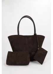 NOTHING Bitter Brown Suede Women's Bag - with Wallet, Makeup Bag, Lined, Large Size Hand and Shoulder Bag, Rosa