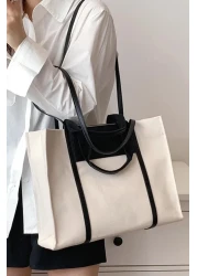 Madamra Black-Cream Women's Leather Detailed Canvas Tote Bag