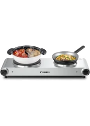 Double Hot Plate - Twin Cooktop, 2500W Power, Adjustable Thermostat, Overheat Protection, Die Cast Iron Hotplates, Stainless Steel Body, Easy Control, Power indicator light
