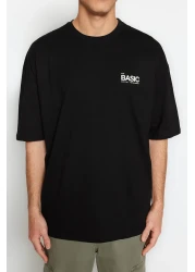  Collection تي شيرت قطني أسود كبير الحجم مطبوع عليه نص - TMNSS23TS00263