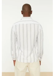  Collection Beige Slim Fit Buttoned Collar Thin Striped Shirt