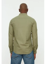  Collection قميص أخضر بقصة ضيقة مع كتاف - كم طويل، 100% قطن، TMNSS20GO0189