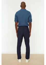  Collection Navy Blue Linen Look Elastic Waist Tied Trousers - Tmnss20Pl0547