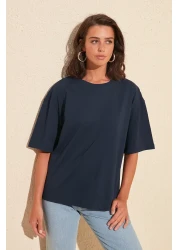  Collection Navy Blue 100% Cotton Back Embroidered Relaxed/Wide Relaxed Cut Crew Neck Knitted T-Shirt TWOSS20TS0121