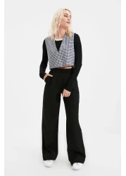  Collection بنطال أسود عالي الخصر بأرجل واسعة/أرجل واسعة من القماش المنسوج بطيات TWOAW21PL0076