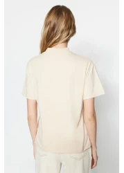  Collection تي شيرت منسوج بياقة واقفة أساسي من القطن بنسبة 100% مكون من قطعتين باللون البني والبيج TWOSS20TS1500