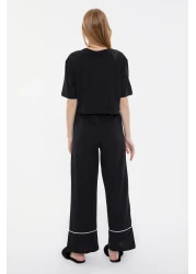  Collection طقم بيجامة محبوكة من القطن الأسود مع تفاصيل الأنابيب المطبوعة الترفيهية THMSS21PT0953