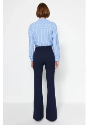  Collection Navy Blue Spanish Leg Flare Woven Fabric Trousers Tofaw19Bb0581