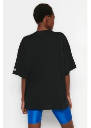  Collection Black 100% Cotton Slogan Printed Oversize/Wide Fit Crew Neck Knitted T-Shirt TWOSS23TS00183