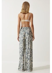 Happiness İstanbul بدلة بنطلون كيمونو بالازو بنمط رمادي على شكل عظمة للنساء EN00614