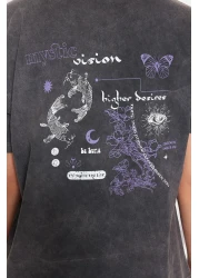  Collection Anthracite 100% Cotton Faded Effect Back Printed Boyfriend Crew Neck Knitted T-Shirt TWOSS23TS00109