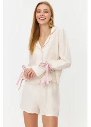  Collection Ecru Laced/Ribbon/Bow and Ribbed Viscose Shorts Woven Pajama Suit Thmss24Pt00047
