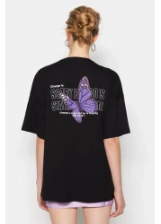  Collection Black 100% Cotton Front and Back Butterfly Printed Oversize/Wide Pattern Knitted T-Shirt TWOSS23TS00188