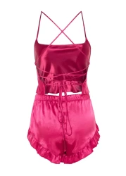  Collection Fuchsia Ruffled and Back Rope Strap Satin Woven Pajamas Set Thmss23Pt00048