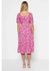  Collection Pink A-line Balloon Sleeve Floral Print Midi Woven Dress TWOSS20EL2323