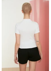  Collection White Fitted High Collar Crop Ribbed Stretchy Knitted Blouse TWOSS21BZ0780