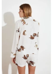  Collection Ecru Tiger Pattern Viscose Shirt-Shorts Woven Pajamas Set THMAW21PT0340
