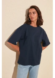  Collection Navy Blue 100% Cotton Back Embroidered Relaxed/Wide Relaxed Cut Crew Neck Knitted T-Shirt TWOSS20TS0121