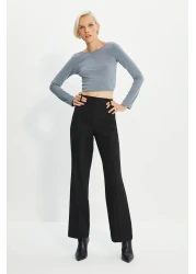  Collection Black Straight Cut High Waist Ribbed Stitched Woven Trousers TWOSS21PL0093