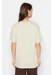  Collection تي شيرت محبوك من Premium Stone 100% قطن مطبوع كبير الحجم/قصة واسعة ورقبة دائرية TWOSS23TS00282